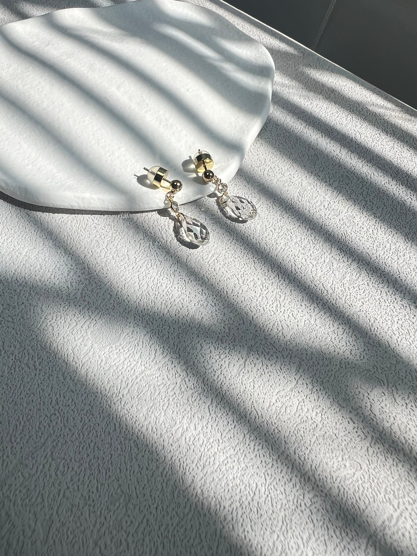 Shiny Swarovski earrings on a white plate